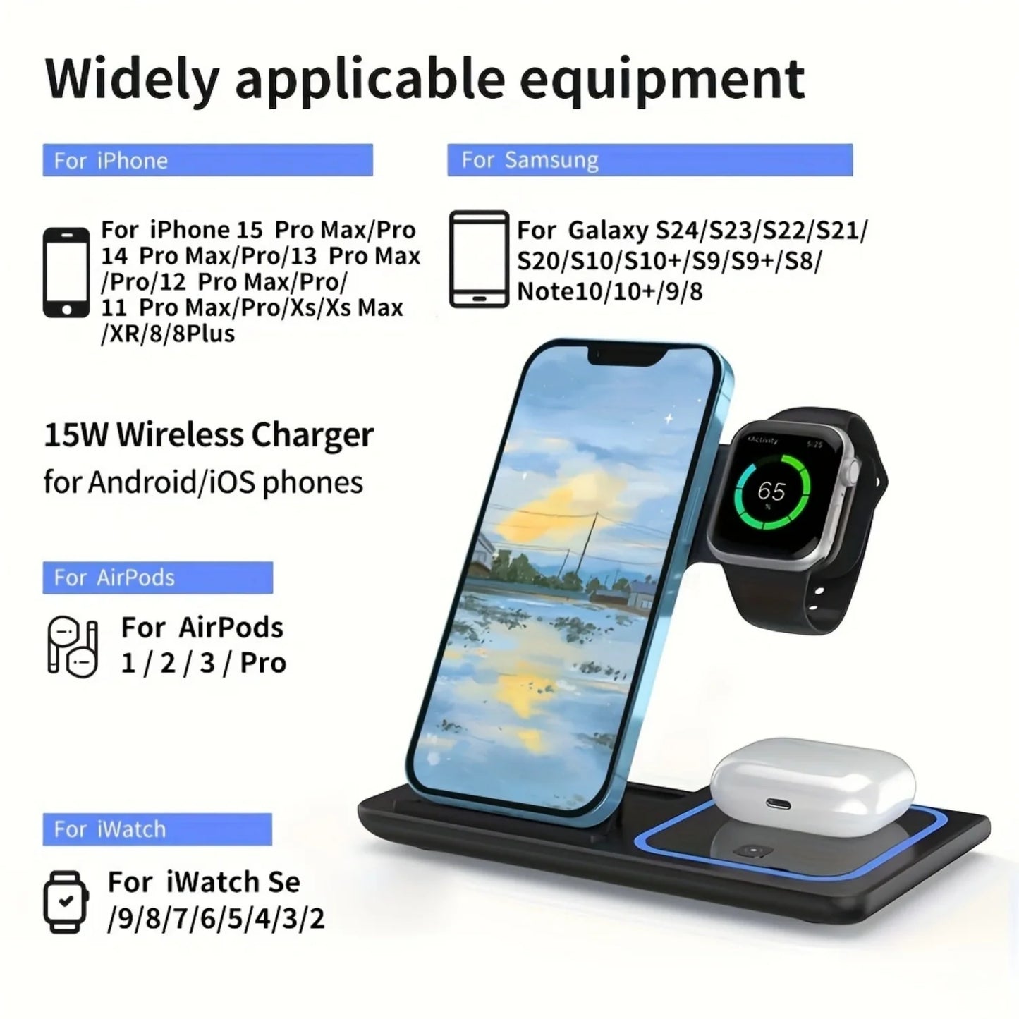 Cargador Inalámbrico 3 en 1 Plegable Compatible con IPHONE-SAMSUNG