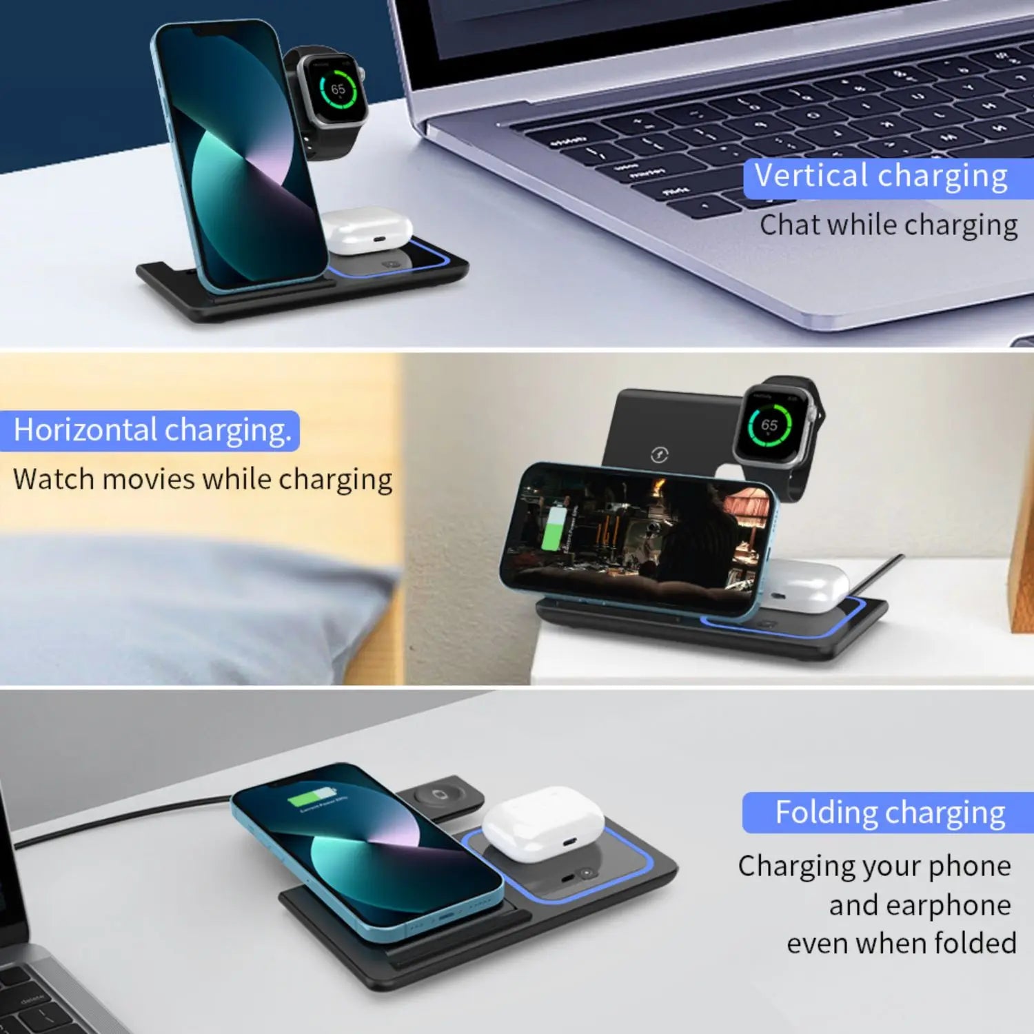Cargador Inalámbrico 3 en 1 Plegable Compatible con IPHONE-SAMSUNG
